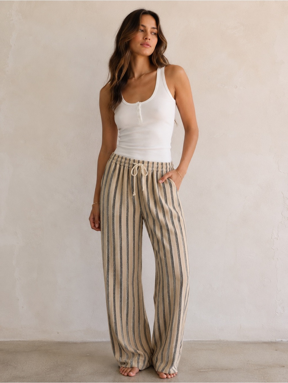 Striped knit Drawstring Pants - Beige/Black